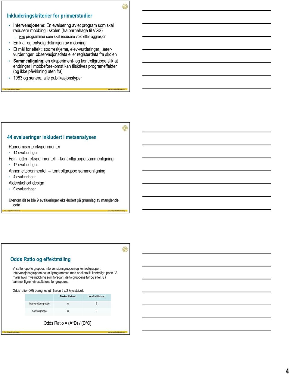 kontrollgruppe slik at endringer i mobbeforekomst kan tilskrives programeffekter (og ikke påvirkning utenifra) 1983 og senere, alle publikasjonstyper 44 evalueringer inkludert i metaanalysen