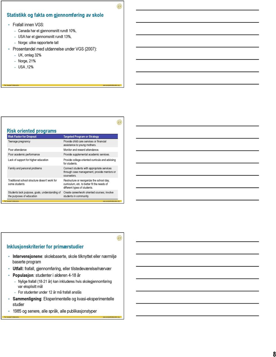 Family and personal problems Traditional school structure doesn t work for some students Students lack purpose, goals, understanding of the purposes of education Targeted Program or Strategy Provide