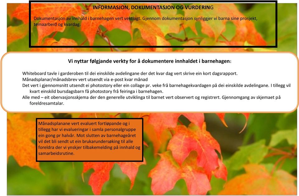 Månadsplanar/månadsbrev vert utsendt via e-post kvar månad Det vert i gjennomsnitt utsendt ei photostory eller ein collage pr. veke frå barnehagekvardagen på dei einskilde avdelingane.