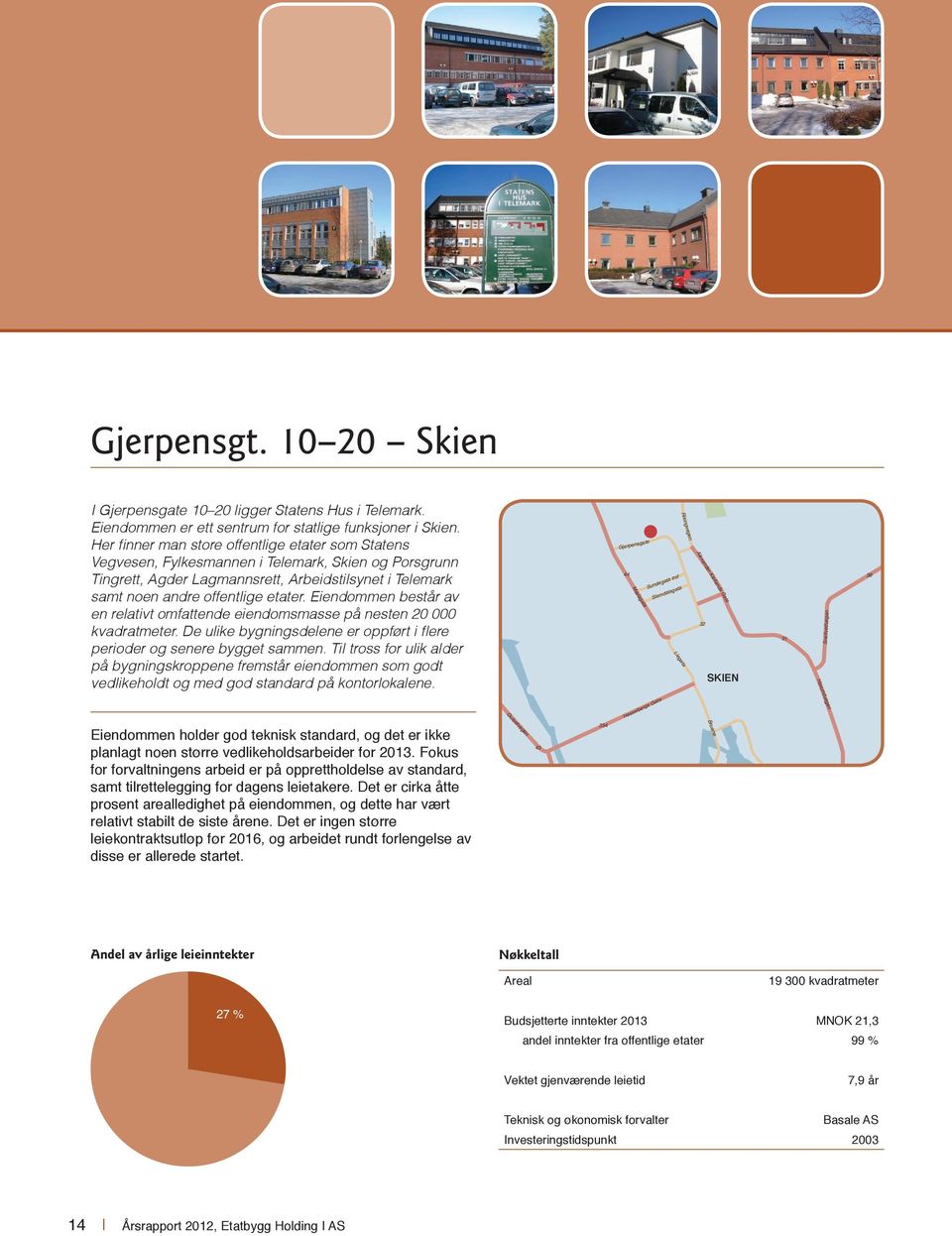 Eiendommen består av en relativt omfattende eiendomsmasse på nesten 20 000 kvadratmeter. De ulike bygningsdelene er oppført i flere perioder og senere bygget sammen.