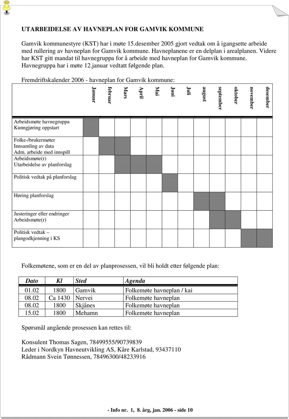 Fremdriftskalender 2006 - havneplan for Gamvik kommune: desember november oktober september august Juli Juni Mai April Mars februar Januar Arbeidsmøte havnegruppa Kunngjøring oppstart