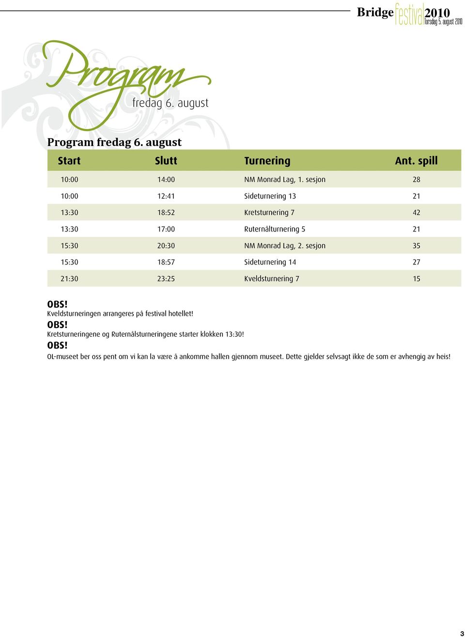 sesjon 35 15:30 18:57 Sideturnering 14 27 21:30 23:25 Kveldsturnering 7 15 OBS! Kveldsturneringen arrangeres på festival hotellet! OBS! Kretsturneringene og Ruternålsturneringene starter klokken 13:30!