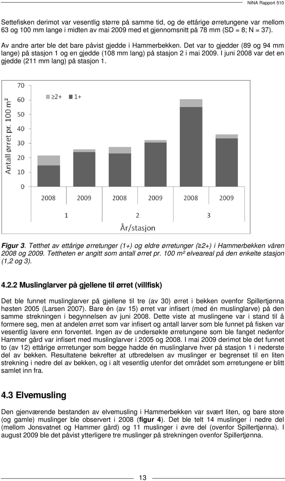 I juni 2008 var det en gjedde (211 mm lang) på stasjon 1. Figur 3. Tetthet av ettårige ørretunger (1+) og eldre ørretunger ( 2+) i Hammerbekken våren 2008 og 2009.