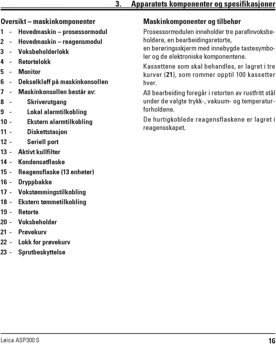 Kondensatflaske 15 - Reagensflaske (13 enheter) 16 - Dryppbakke 17 - Vokstømmingstilkobling 18 - Ekstern tømmetilkobling 19 - Retorte 20 - Voksbeholder 21 - Prøvekurv 22 - Lokk for prøvekurv 23 -