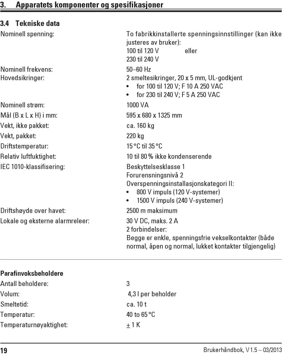 justeres av bruker): 100 til 120 V eller 230 til 240 V 50 60 Hz 2 smeltesikringer, 20 x 5 mm, UL-godkjent for 100 til 120 V; F 10 A 250 VAC for 230 til 240 V; F 5 A 250 VAC 1000 VA 595 x 680 x 1325