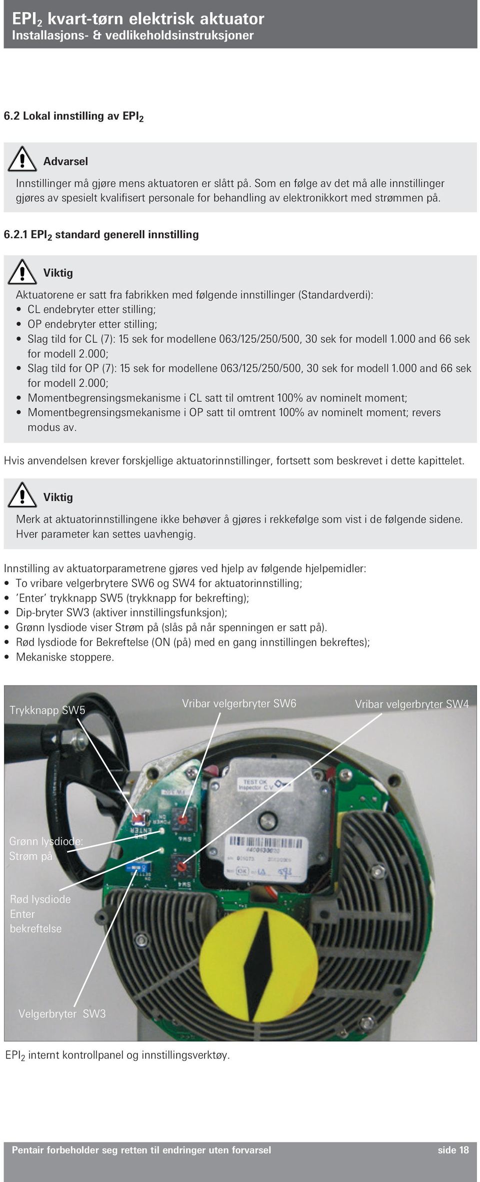 1 EPI 2 standard generell innstilling Aktuatorene er satt fra fabrikken med følgende innstillinger (Standardverdi): CL endebryter etter stilling; OP endebryter etter stilling; Slag tild for CL (7):