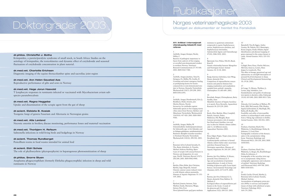 fluctuation of cotyledoside concentration in plant nuterial. dr.med.vet. Charlotte Erichsen Diagnostic imaging of the equine thoracolumbar spine and sacroiliac joint region dr.med.vet. Ann Helen Gaustad Aas Reproductive performance of gilts and sows in Norway dr.