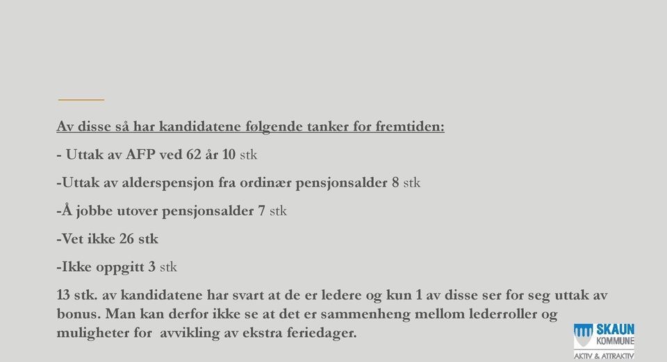 oppgitt 3 stk 13 stk. av kandidatene har svart at de er ledere og kun 1 av disse ser for seg uttak av bonus.