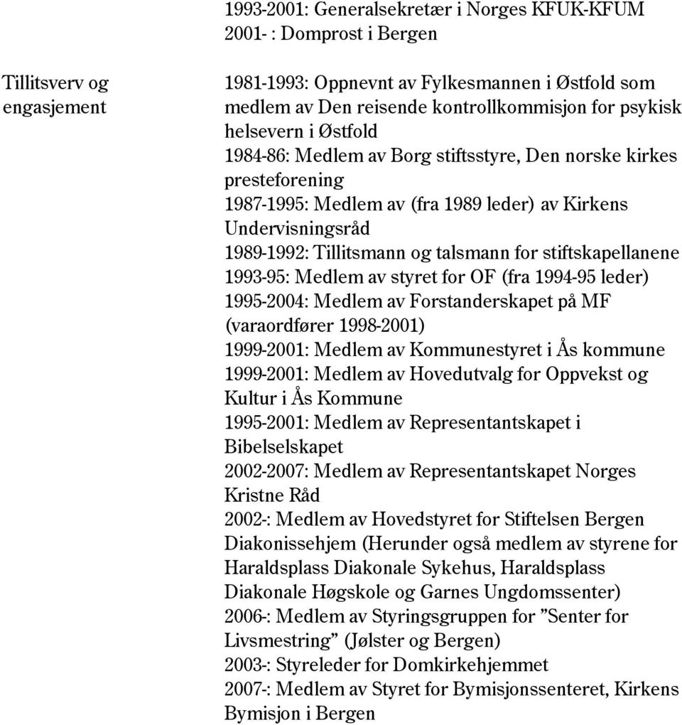 for stiftskapellanene 1993-95: Medlem av styret for OF (fra 1994-95 leder) 1995-2004: Medlem av Forstanderskapet på MF (varaordfører 1998-2001) 1999-2001: Medlem av Kommunestyret i Ås kommune