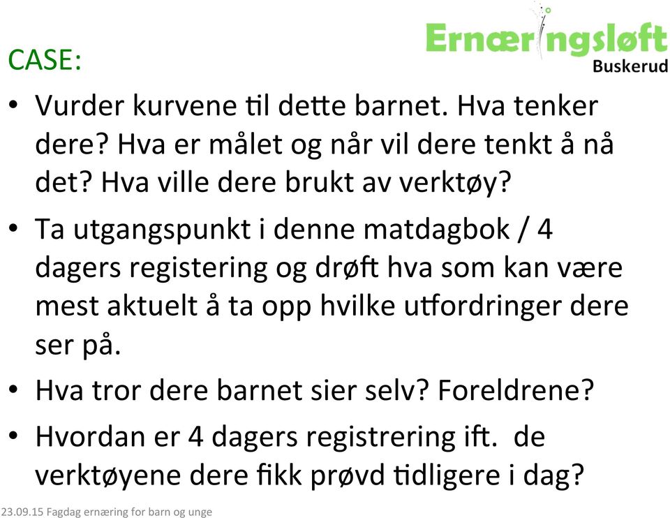 Ta utgangspunkt i denne matdagbok / 4 dagers registering og drøg hva som kan være mest aktuelt å ta opp