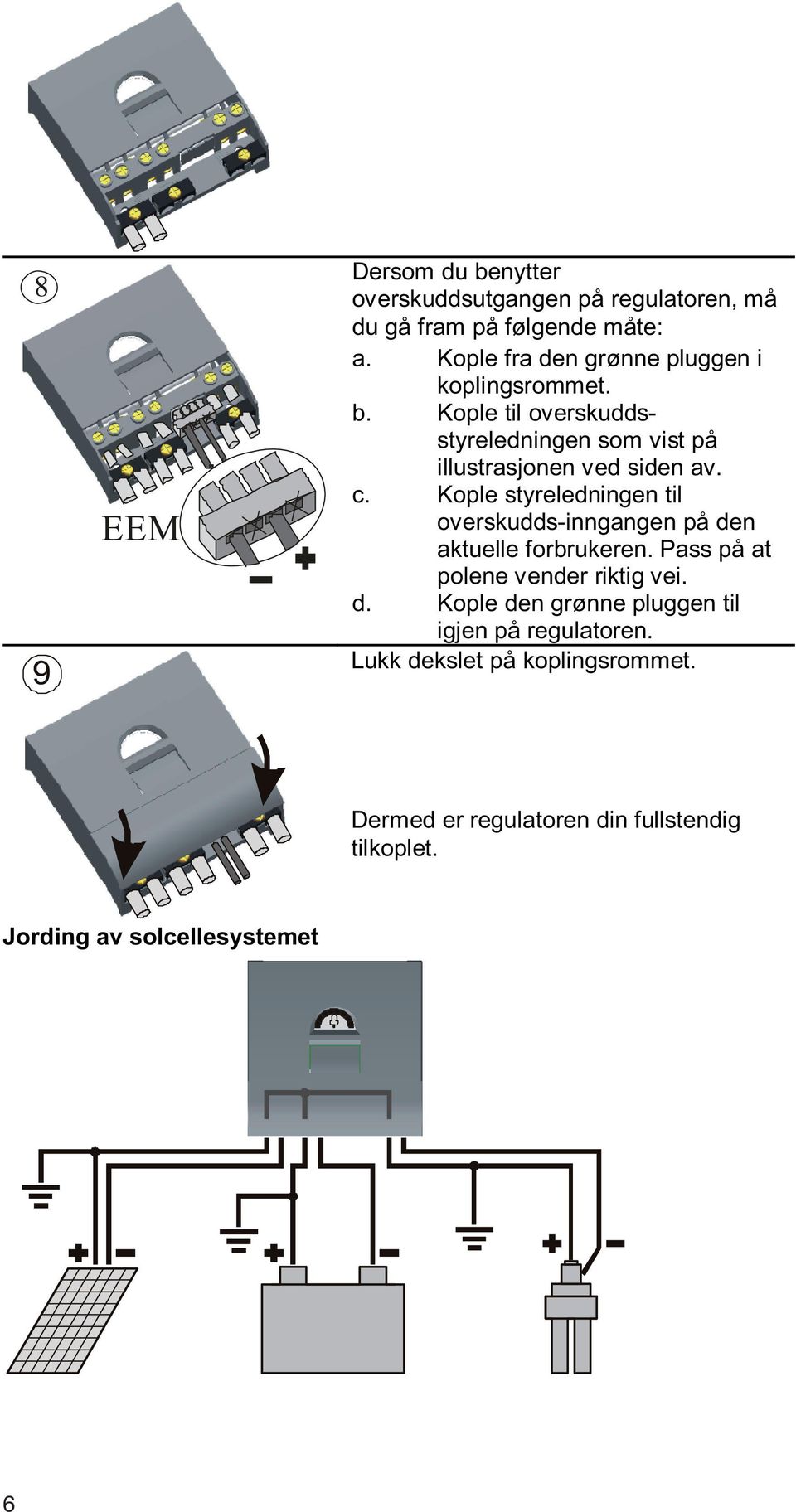 c. Kople styreledningen til overskudds-inngangen på den aktuelle forbrukeren. Pass på at polene vender riktig vei. d. Kople den grønne pluggen til igjen på regulatoren.