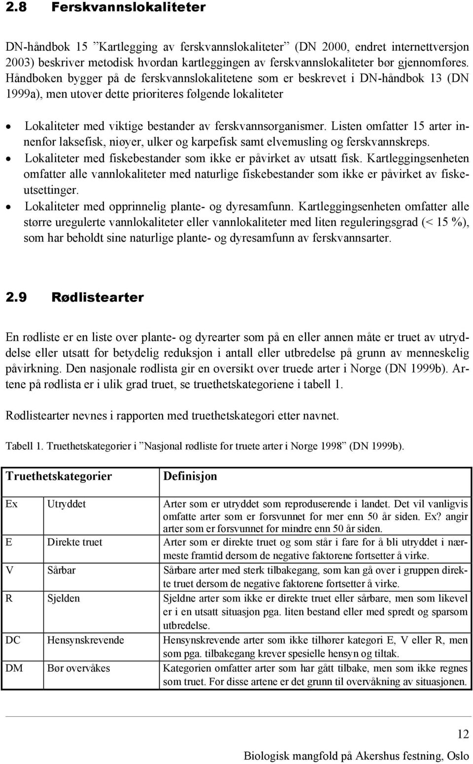 Listen omfatter 15 arter innenfor laksefisk, niøyer, ulker og karpefisk samt elvemusling og ferskvannskreps. Lokaliteter med fiskebestander som ikke er påvirket av utsatt fisk.