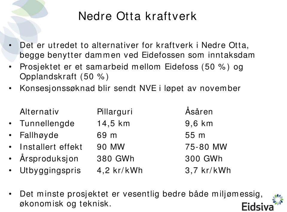 november Alternativ Pillarguri Åsåren Tunnellengde 14,5 km 9,6 km Fallhøyde 69 m 55 m Installert effekt 90 MW 75-80 MW