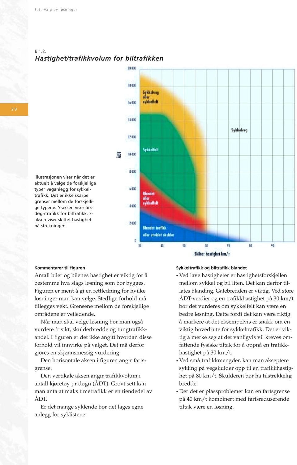 Kommentarer til figuren Antall biler og bilenes hastighet er viktig for å bestemme hva slags løsning som bør bygges. Figuren er ment å gi en rettledning for hvilke løsninger man kan velge.