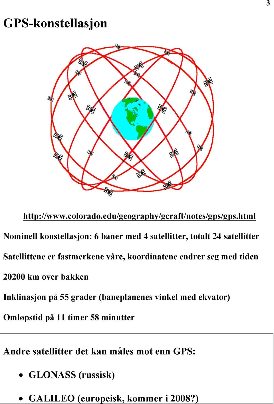 våre, koordinatene endrer seg med tiden 20200 km over bakken Inklinasjon på 55 grader (baneplanenes vinkel