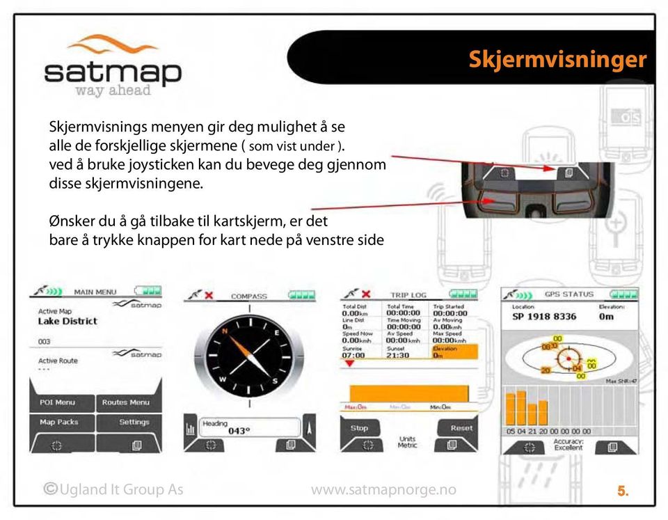 ved å bruke joysticken kan du bevege deg gjennom disse skjermvisningene.