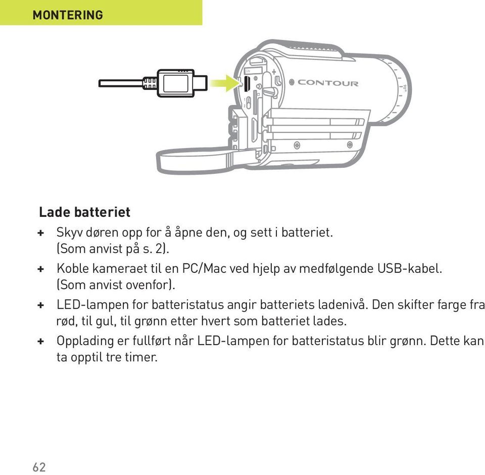 + + LED-lampen for batteristatus angir batteriets ladenivå.