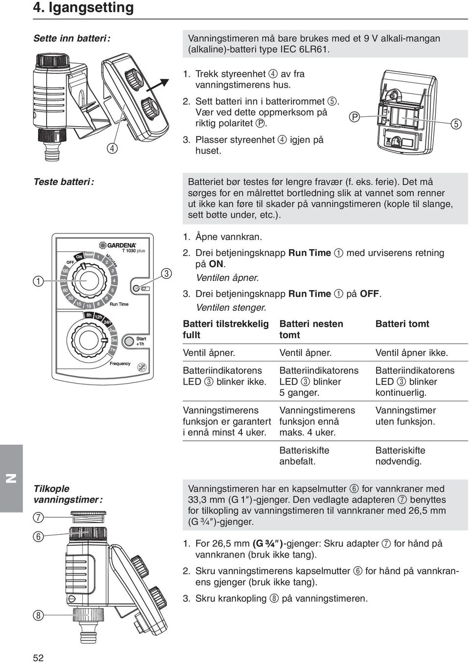 ferie). Det må sørges for en målrettet bortledning slik at vannet som renner ut ikke kan føre til skader på vanningstimeren (kople til slange, sett bøtte under, etc.).. Åpne vannkran. 2.