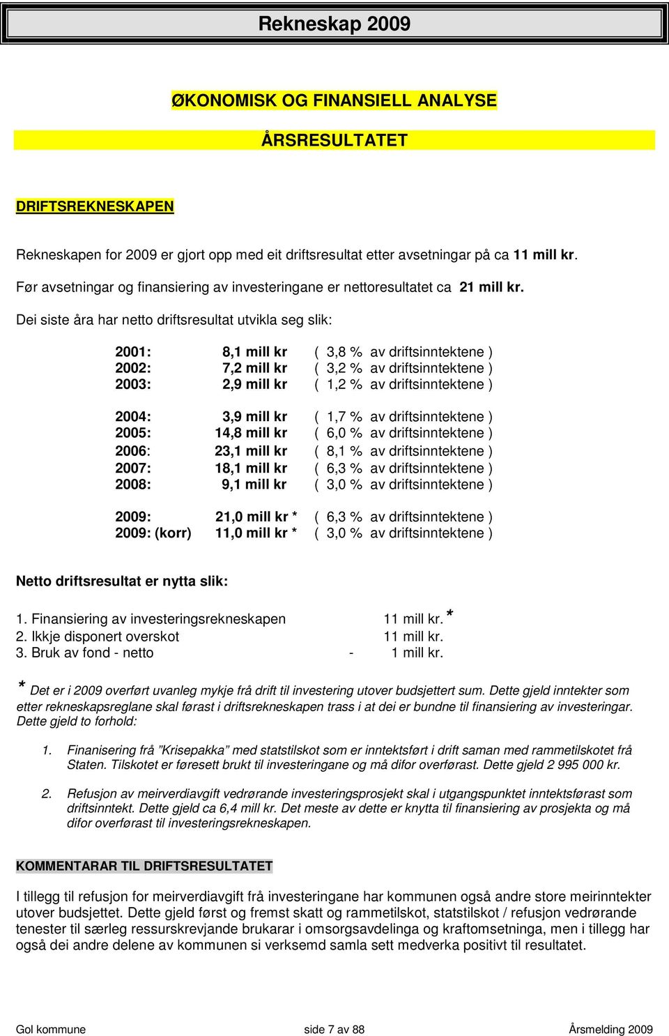 Dei siste åra har netto driftsresultat utvikla seg slik: 2001: 8,1 mill kr ( 3,8 % av driftsinntektene ) 2002: 7,2 mill kr ( 3,2 % av driftsinntektene ) 2003: 2,9 mill kr ( 1,2 % av driftsinntektene