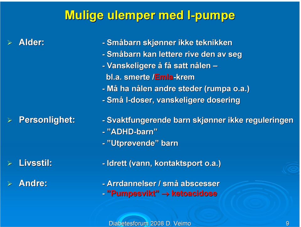 kan lettere rive den av seg - Vanskeligere å få satt nålen n bl.a. smerte /Emla/ Emla-krem - Må ha nålen n andre steder (rumpa o.