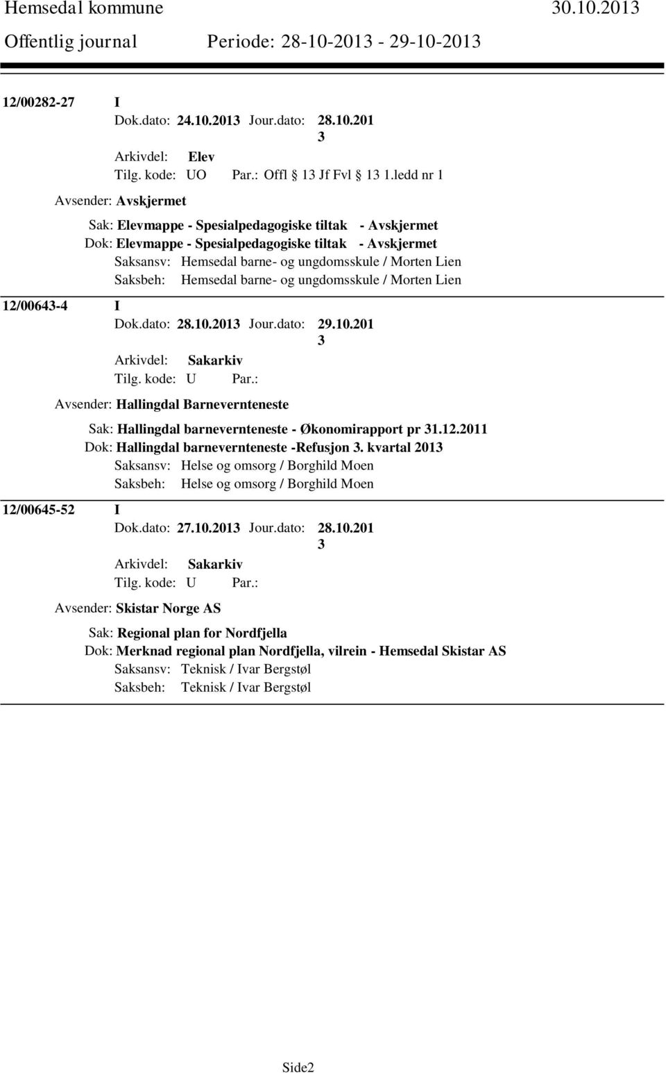 Saksbeh: Hemsedal barne- og ungdomsskule / Morten Lien 12/0064-4 I Dok.dato: 28.10.201 Jour.dato: 29.10.201 Avsender: Hallingdal Barnevernteneste Sak: Hallingdal barnevernteneste - Økonomirapport pr 1.