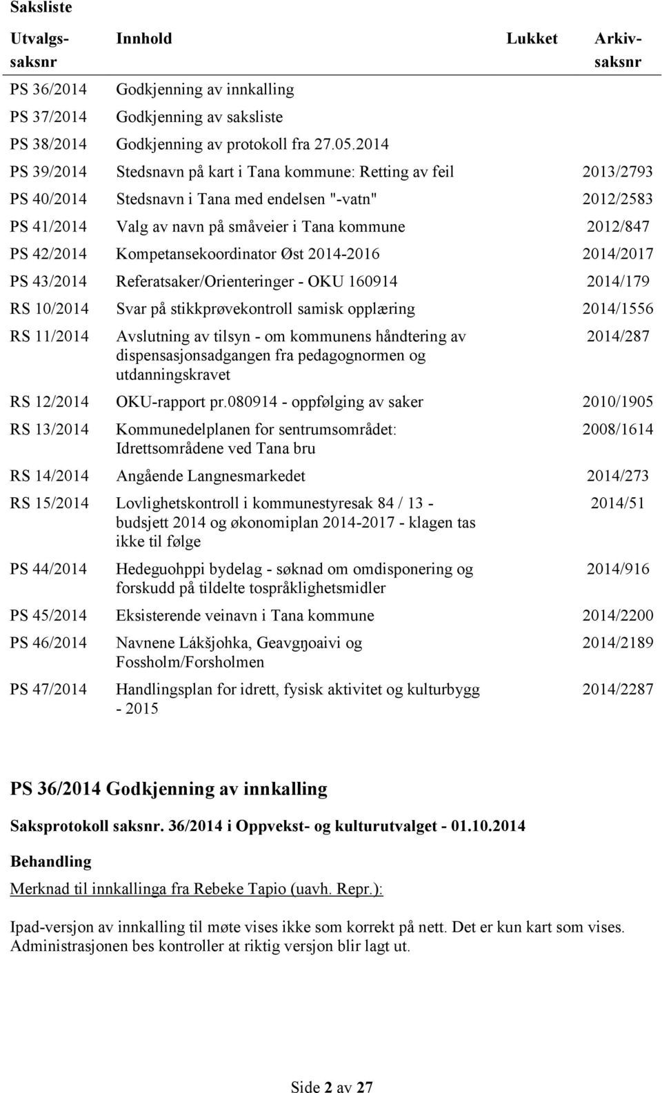 42/2014 Kompetansekoordinator Øst 2014-2016 2014/2017 PS 43/2014 Referatsaker/Orienteringer - OKU 160914 2014/179 RS 10/2014 Svar på stikkprøvekontroll samisk opplæring 2014/1556 RS 11/2014