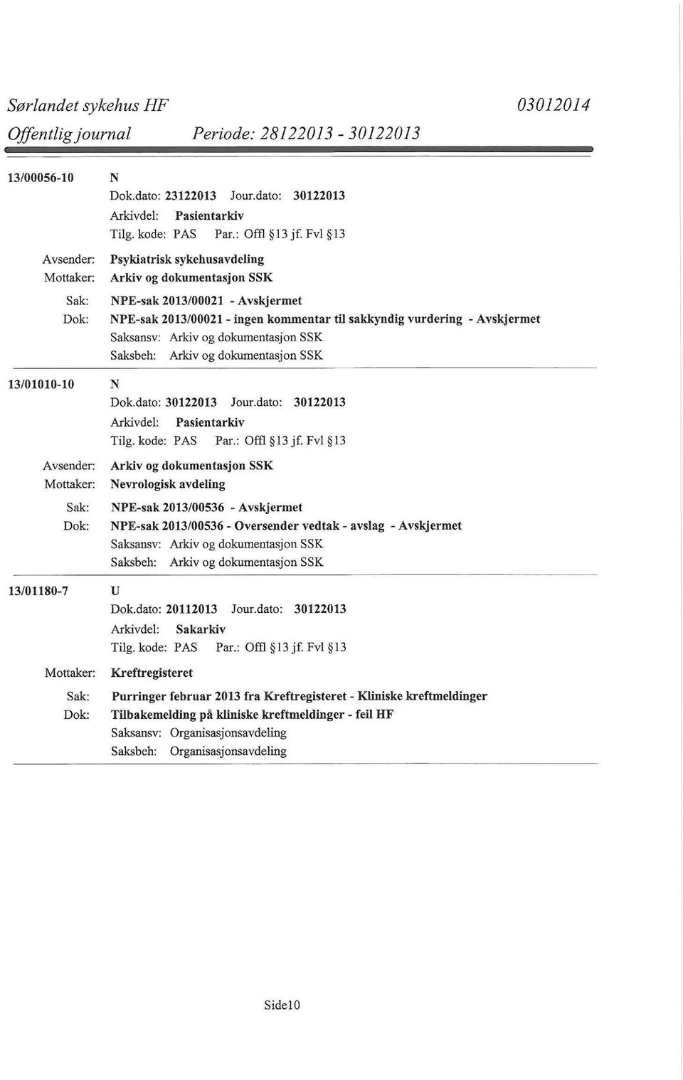 Arkiv og dokumentasjon SSK 13/01010-10 N Dok.dato: 30122013 Jour.dato: 30122013 Tilg. kode: PAS Par.: Offl 13 jf.