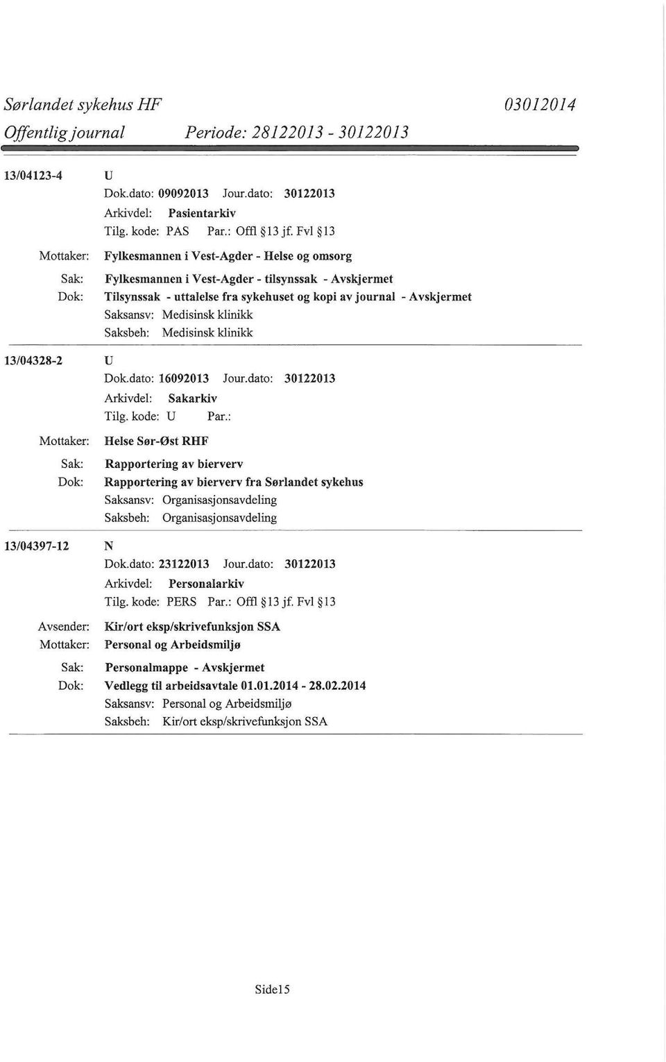 klinikk Saksbeh: Medisinsk klinikk 13/04328-2 u Dok.dato: 16092013 Jour.dato: 30122013 Arkivdel: Tilg. kode: U Sakarkiv Par.