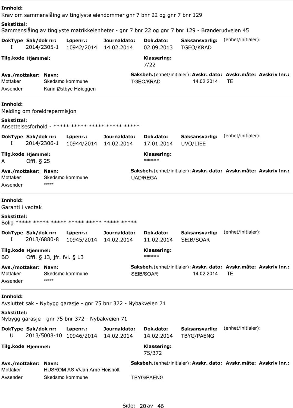 2/2014 02.09.2013 TGEO/KRD 7/22 TGEO/KRD TE Karin Østbye Høieggen Melding om foreldrepermisjon nsettelsesforhold - 2014/2306-1 10944/2014 17.01.2014 VO/LEE D/REG Garanti i vedtak Bolig 2013/6880-8 10945/2014 11.