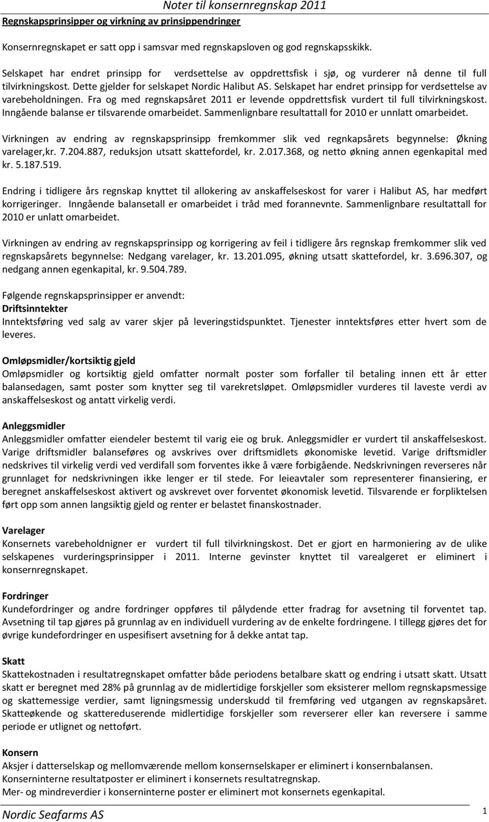 Selskapet har endret prinsipp for verdsettelse av varebeholdningen. Fra og med regnskapsåret 2011 er levende oppdrettsfisk vurdert til full tilvirkningskost.