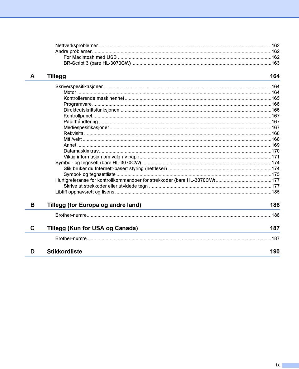 ..170 Viktig informasjon om valg av papir...171 Symbol- og tegnsett (bare HL-3070CW)...174 Slik bruker du Internett-basert styring (nettleser)...174 Symbol- og tegnsettliste.