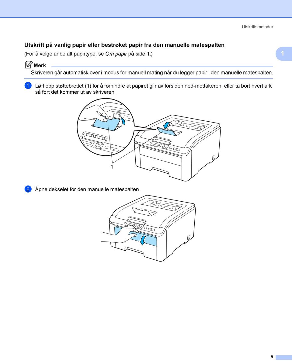 ) 1 Merk Skriveren går automatisk over i modus for manuell mating når du legger papir i den manuelle matespalten.