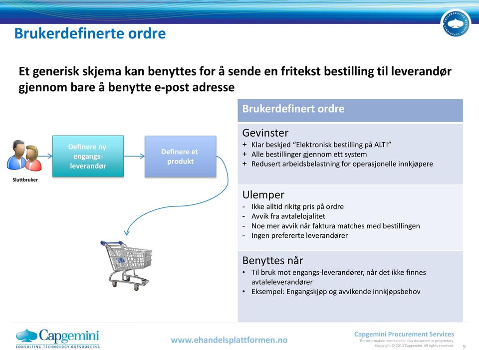 + Alle bestillinger gjennom ett system + Redusert arbeidsbelastning for operasjonelle innkjøpere Sluttbruker - Ikke alltid rikitg pris på ordre - Avvik fra avtalelojalitet