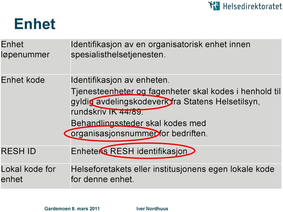 Tjenesteenheter og fagenheter skal kodes i henhold til gyldig avdelingskodeverk fra Statens Helsetilsyn,