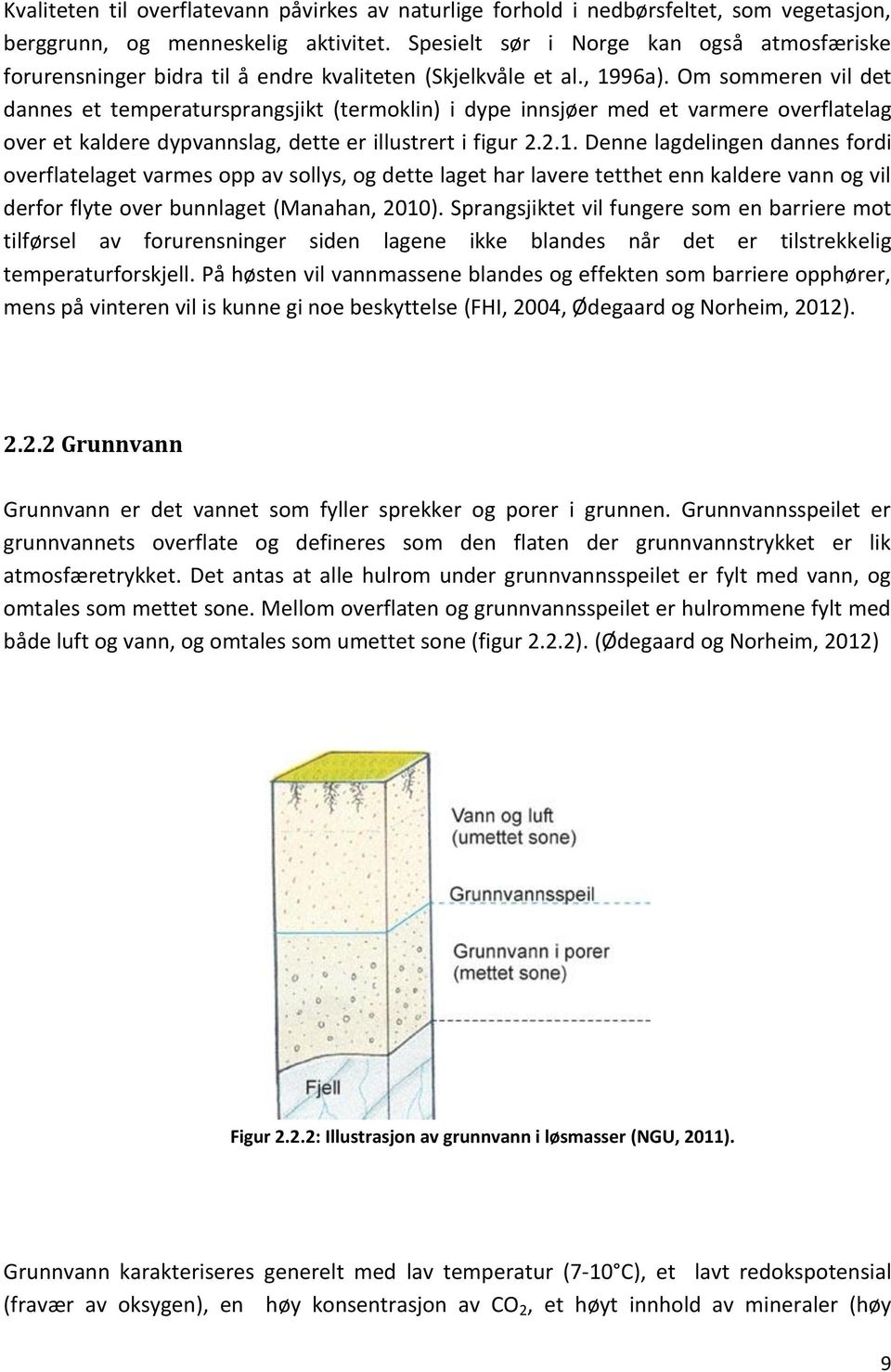 Om sommeren vil det dannes et temperatursprangsjikt (termoklin) i dype innsjøer med et varmere overflatelag over et kaldere dypvannslag, dette er illustrert i figur 2.2.1.