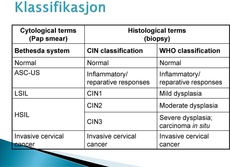 Inflammatory/ reparative responses LSIL CIN1 Mild dysplasia HSIL Invasive cervical cancer CIN2