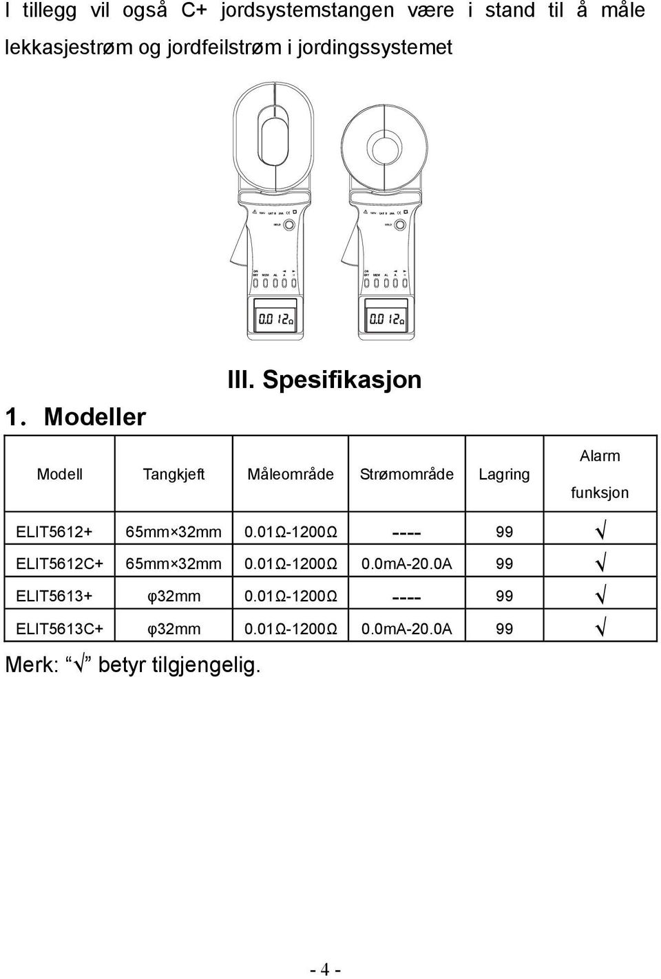 Spesifikasjon Modell Tangkjeft Måleområde Strømområde Lagring ELIT5612+ 65mm 32mm 0.