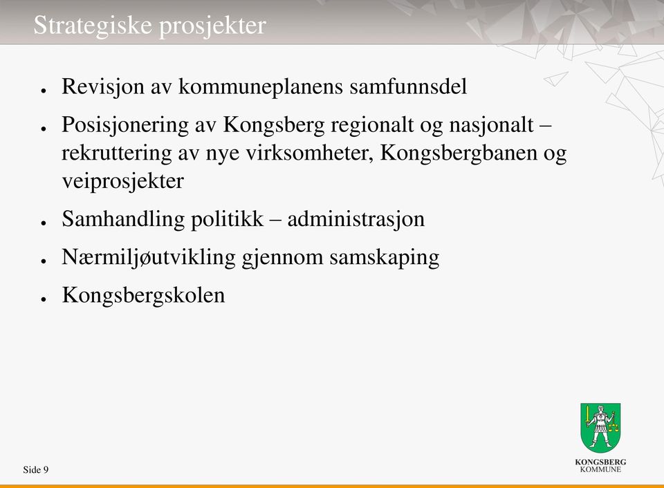 nye virksomheter, Kongsbergbanen og veiprosjekter Samhandling