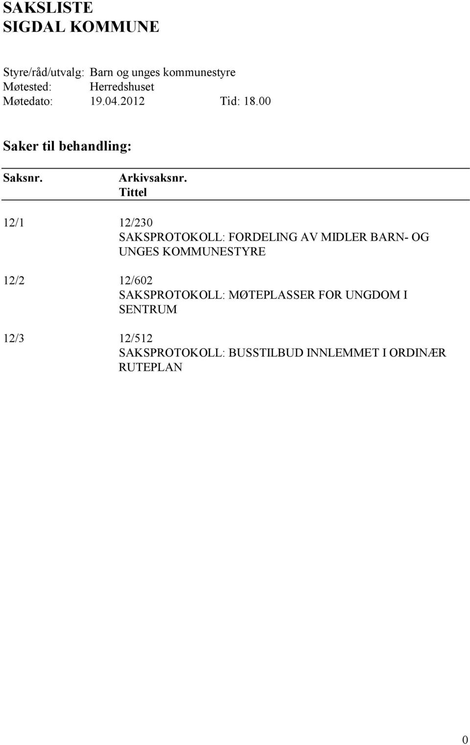 Tittel 12/1 12/230 SAKSPROTOKOLL: FORDELING AV MIDLER BARN- OG UNGES KOMMUNESTYRE 12/2