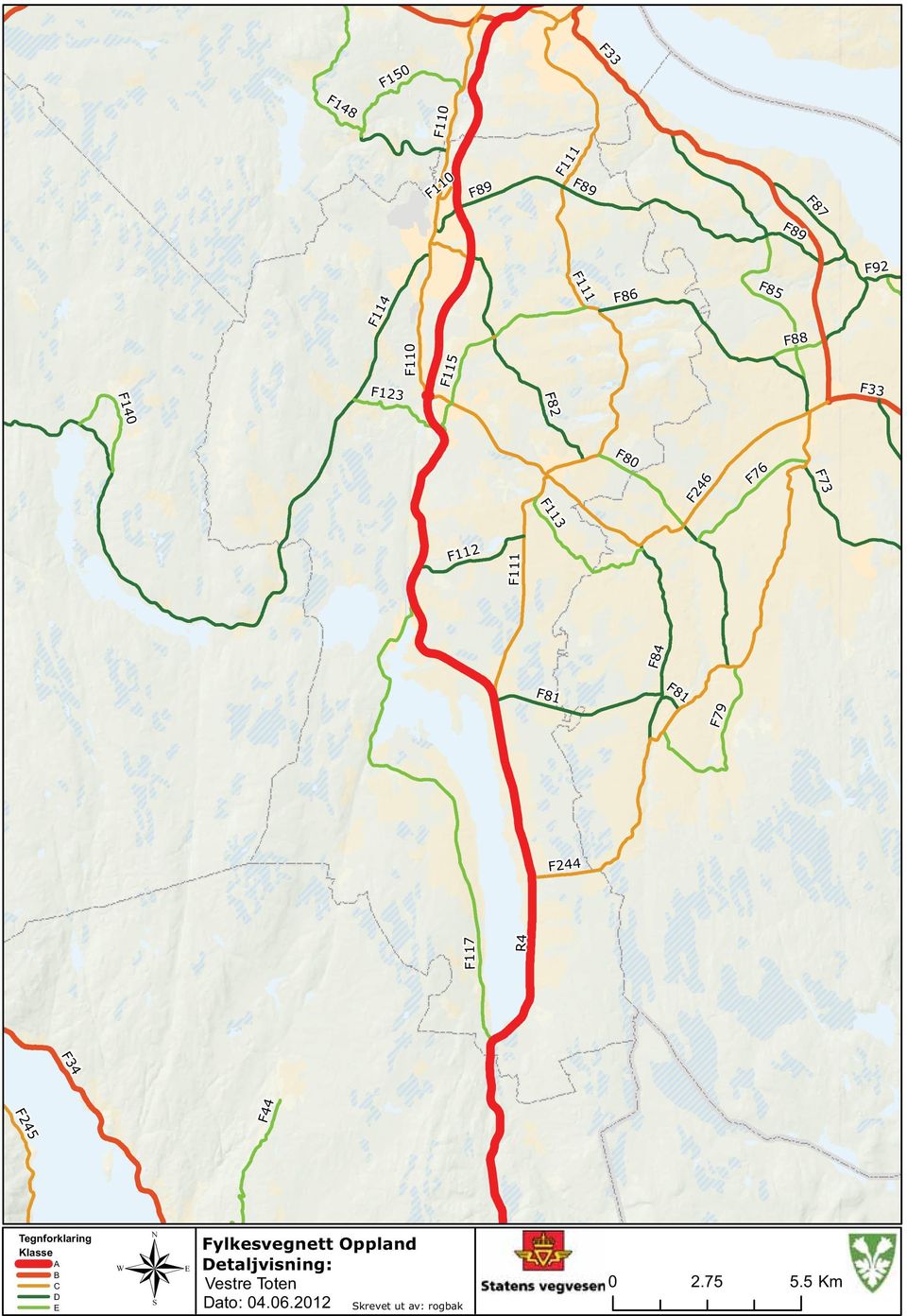 F117 R4 F34 F44 F245 Tegnforklaring Klasse A B C D E 0 Fylkesvegnett Oppland