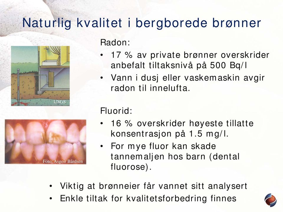 USGS Foto: Asgeir Bårdsen Fluorid: 16 % overskrider høyeste tillatte konsentrasjon på 1.5 mg/l.