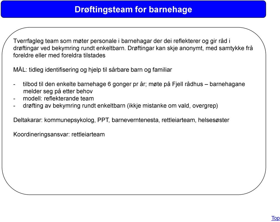 til den enkelte barnehage 6 gonger pr år; møte på Fjell rådhus barnehagane melder seg på etter behov - modell: reflekterande team - drøfting av bekymring