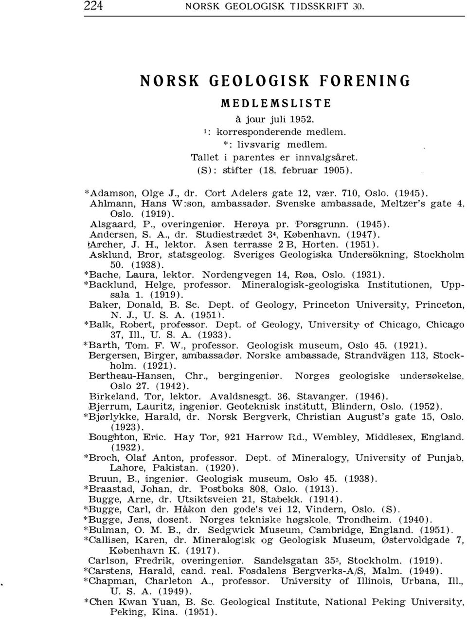 Herøya pr. 'Porsgrunn. (1945). Ændersen, S. A., dr. Studiestrædet 34, København. (Archer, J. H., lektor. Asen terrasse 2 B, Horten. (1951). Asklund, Bror, statsgeolog.