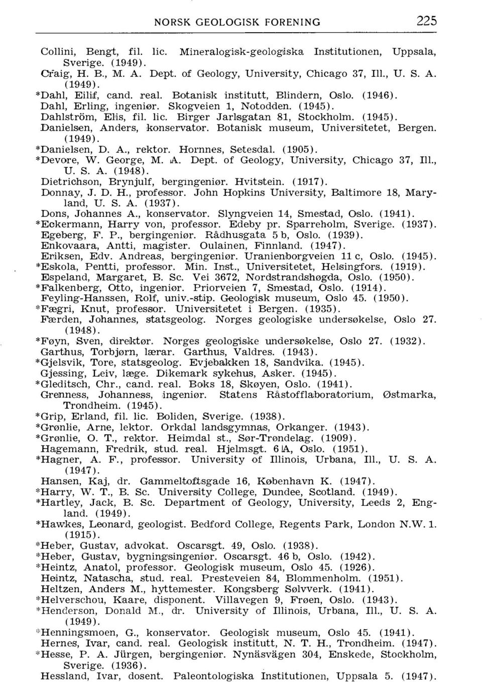 Botanisk museum, Universitetet, Bergen. *Danielsen, D. A., rektor. Hornnes, Setesdal. (1905). *Devore, W. George, M. A. Dept. of Geology, University, Chicago 37, Ill., U. S. A. (1948).