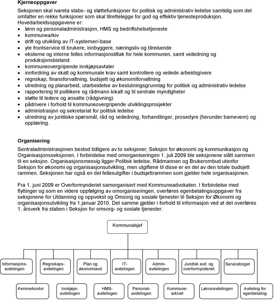 Hovedarbeidsoppgavene er: lønn og personaladministrasjon, HMS og bedriftshelsetjeneste kommunearkiv drift og utvikling av IT-systemer/-base yte frontservice til brukere, innbyggere, næringsliv og