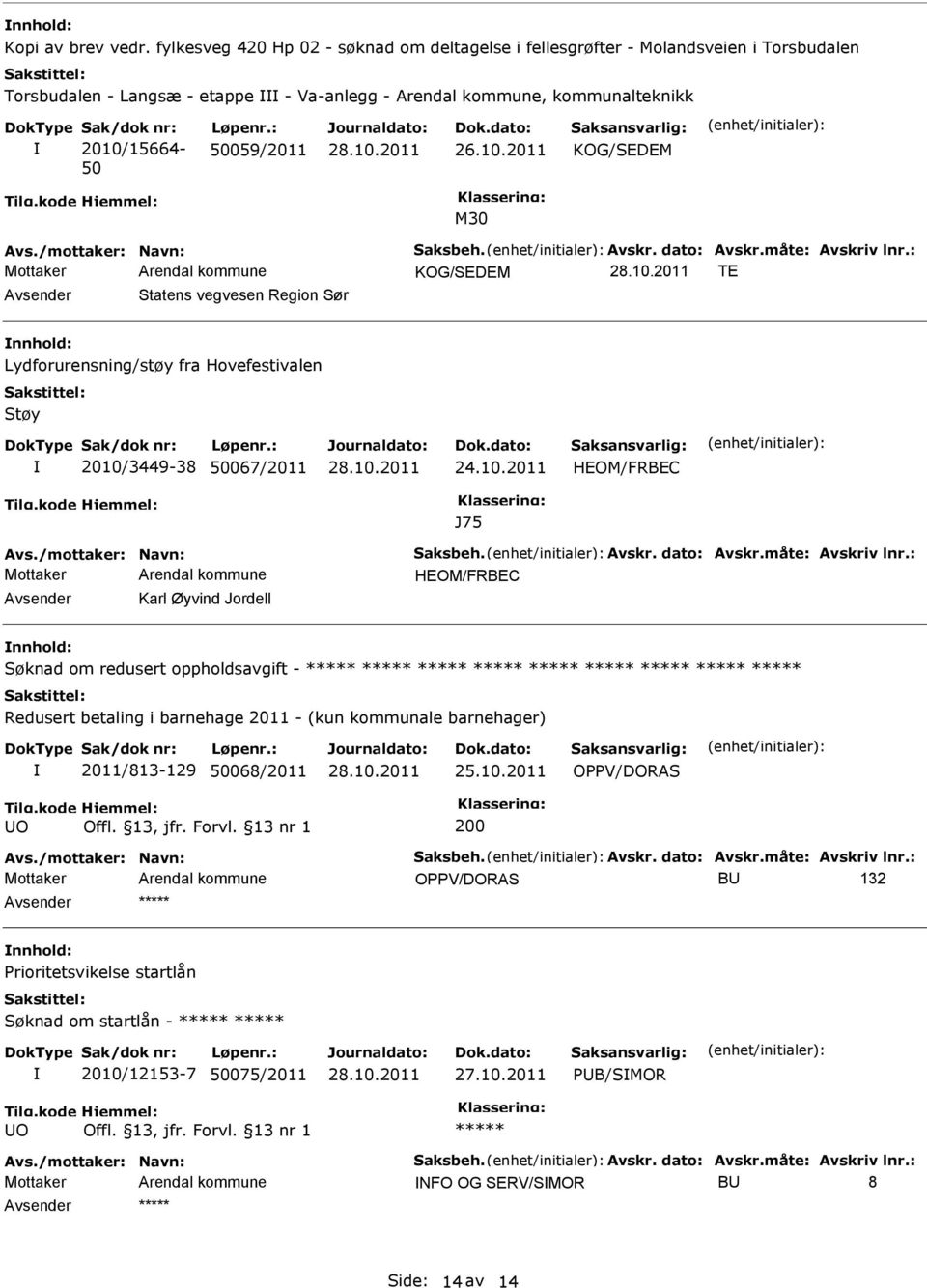 : 50059/2011 26.10.2011 KOG/SEDEM M30 Avs./mottaker: Navn: Saksbeh. Avskr. dato: Avskr.måte: Avskriv lnr.
