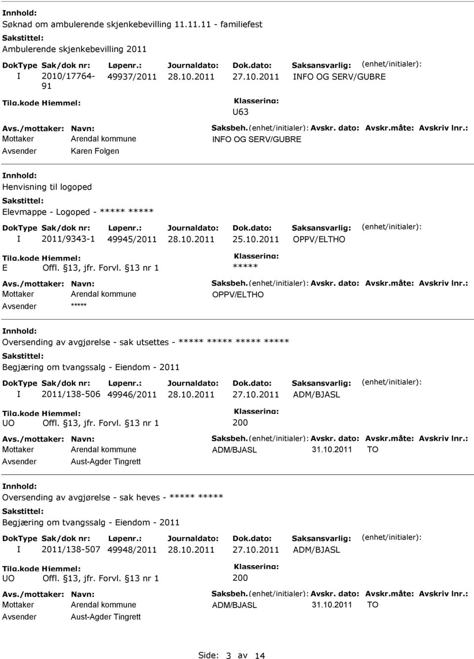 /mottaker: Navn: Saksbeh. Avskr. dato: Avskr.måte: Avskriv lnr.: OPPV/ELTHO nnhold: Oversending av avgjørelse - sak utsettes - Begjæring om tvangssalg - Eiendom - 2011 2011/138-506 49946/2011 200 Avs.