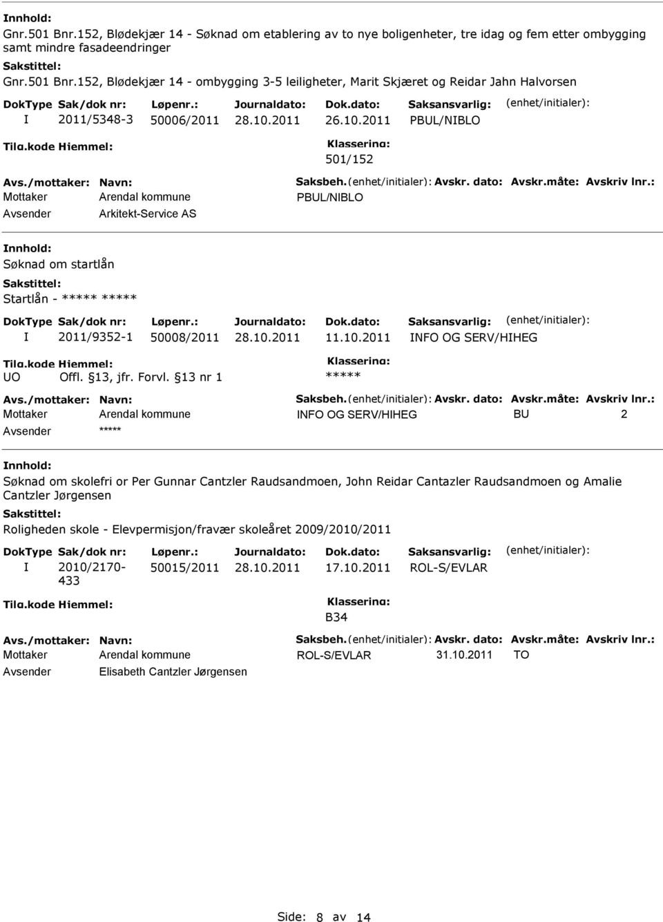 10.2011 NFO OG SERV/HHEG Avs./mottaker: Navn: Saksbeh. Avskr. dato: Avskr.måte: Avskriv lnr.