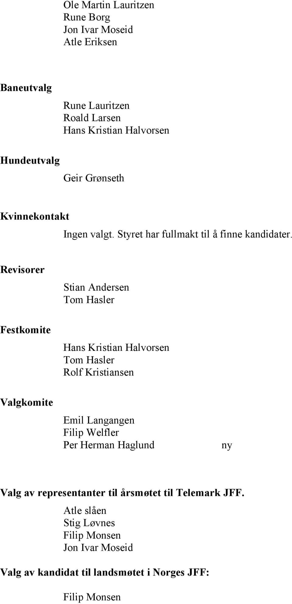 Revisorer Stian Andersen Tom Hasler Festkomite Hans Kristian Halvorsen Tom Hasler Rolf Kristiansen Valgkomite Emil Langangen Filip