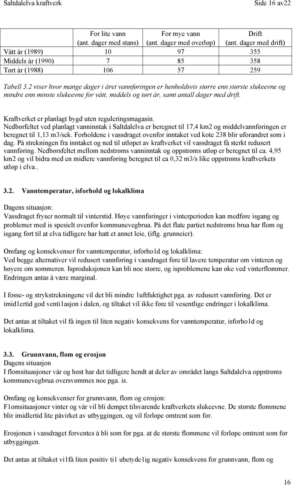 2 viser hvor mange dager i året vannføringen er henholdsvis større enn største slukeevne og mindre enn minste slukeevne for vått, middels og tørt år, samt antall dager med drift.